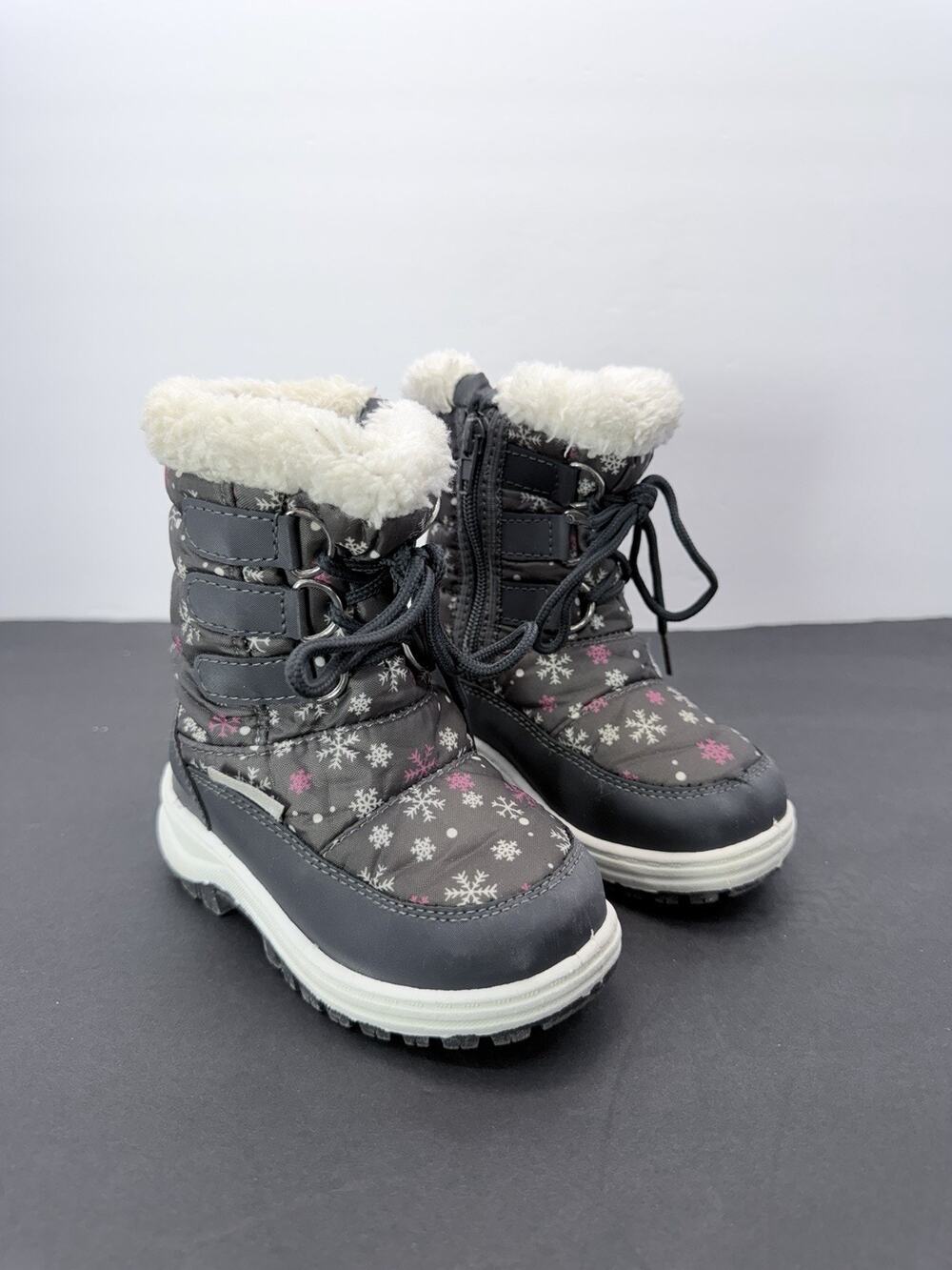 Apakowa Girls Winter Snow Boots Size 8 Toddler Snowflake Gray Pink Waterproof